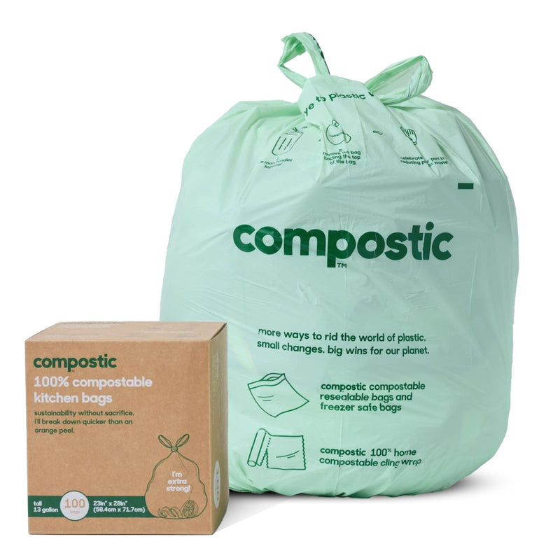 Compostic Home Compostable Trash Bags, 13 Gallon Tall Kitchen Rubbish Bags (23” x 29”), Extra Strong & Quickly Breaks Down, 100 Count