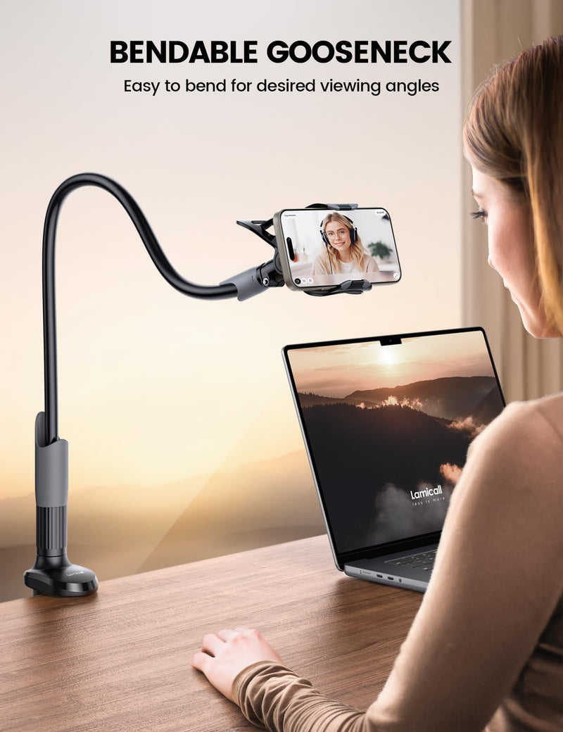 Lamicall Gooseneck Phone Holder for Bed - Cell Phone Mount Clamp Clip, Flexible Long Arm, Overhead Mount for Desk Headboard Bedside, for iPhone 16 Pro Max, 15 Pro Max, 14 Plus, 13 Mini & 4-7" Phone