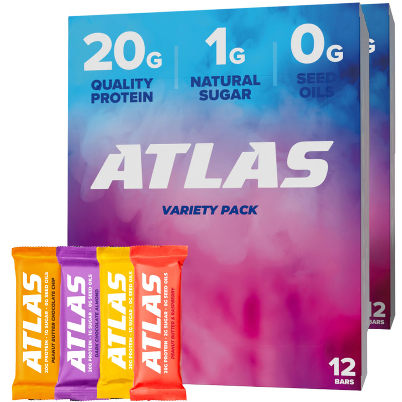 Atlas Protein Bar, 20g Protein, 1g Sugar, Clean Ingredients, Gluten Free (Whey Variety, 12 Count (Pack of 1))