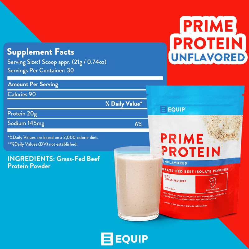 Equip Foods Prime Protein - Grass Fed Beef Protein Powder Isolate - Paleo and Keto Friendly, Gluten Free Carnivore Protein Powder - Unflavored, 1.39 Pounds - Helps Build and Repair Tissue