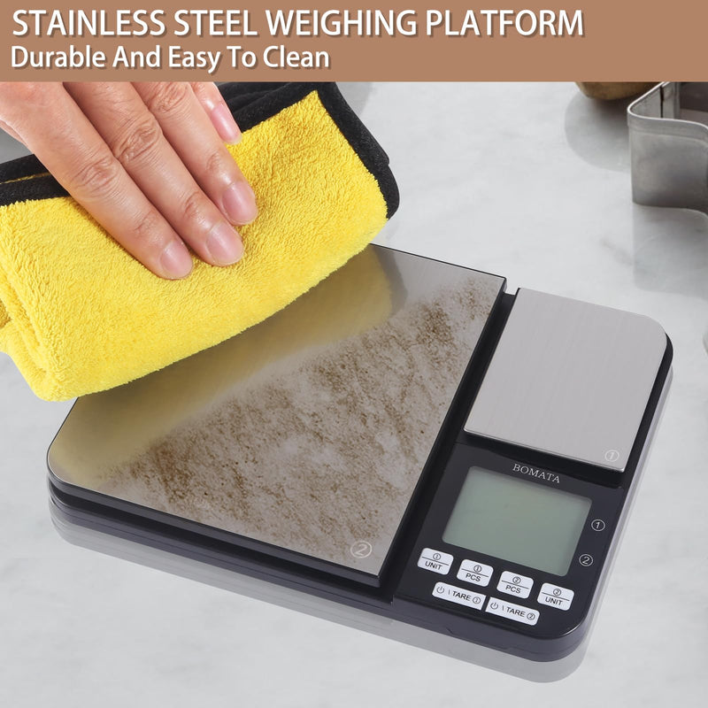 BOMATA Dual Platform Digital Kitchen Scale with Two Precision 0.1g & 0.01g/0.001oz, Max Capacity 11lb/5kg,Tare Function, Units Conversions, Stainless Steel, LCD with Backlit