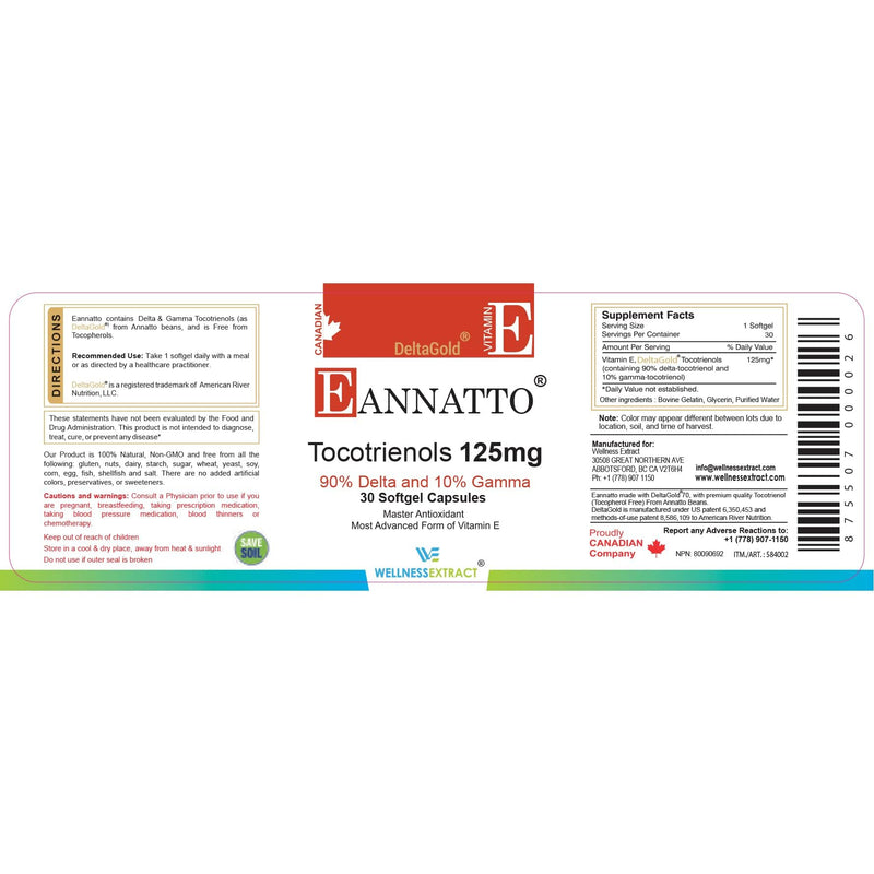 WELLNESS EXTRACT Eannatto Tocotrienols Vitamin E Supplements Tocopherol Free, Supports Immune Health, Non-GMO, Gluten Free & Antioxidant (125MG 60 Softgels)