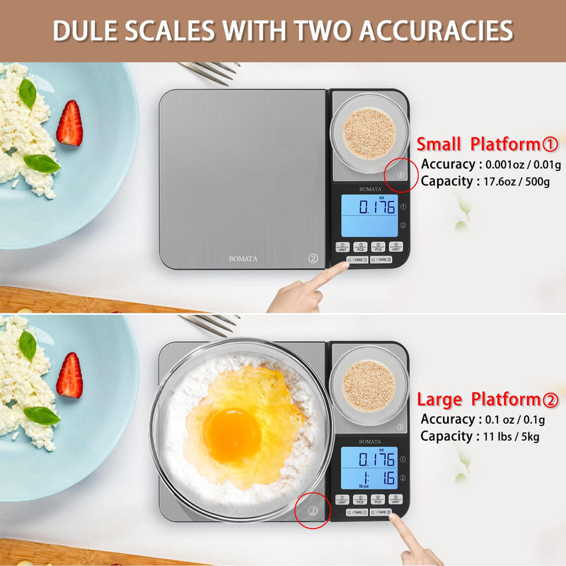 BOMATA Dual Platform Digital Kitchen Scale with Two Precision 0.1g & 0.01g/0.001oz, Max Capacity 11lb/5kg,Tare Function, Units Conversions, Stainless Steel, LCD with Backlit