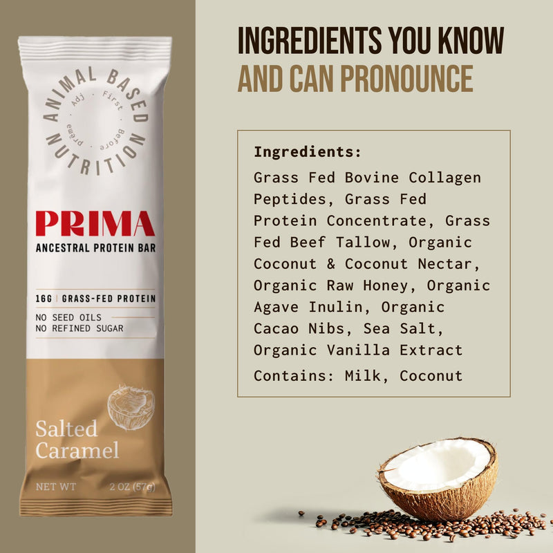 PRIMA ANCESTRAL PROTEIN BAR Grass Fed Protein Bars, 7 Pack – Animal-Based Protein Bar with Beef Tallow, Raw Honey, Seed Oil Free, Low Carb, Gluten-Free – Healthy, Energy Snacks for Clean Lifestyle (7 Pack, Cacao)