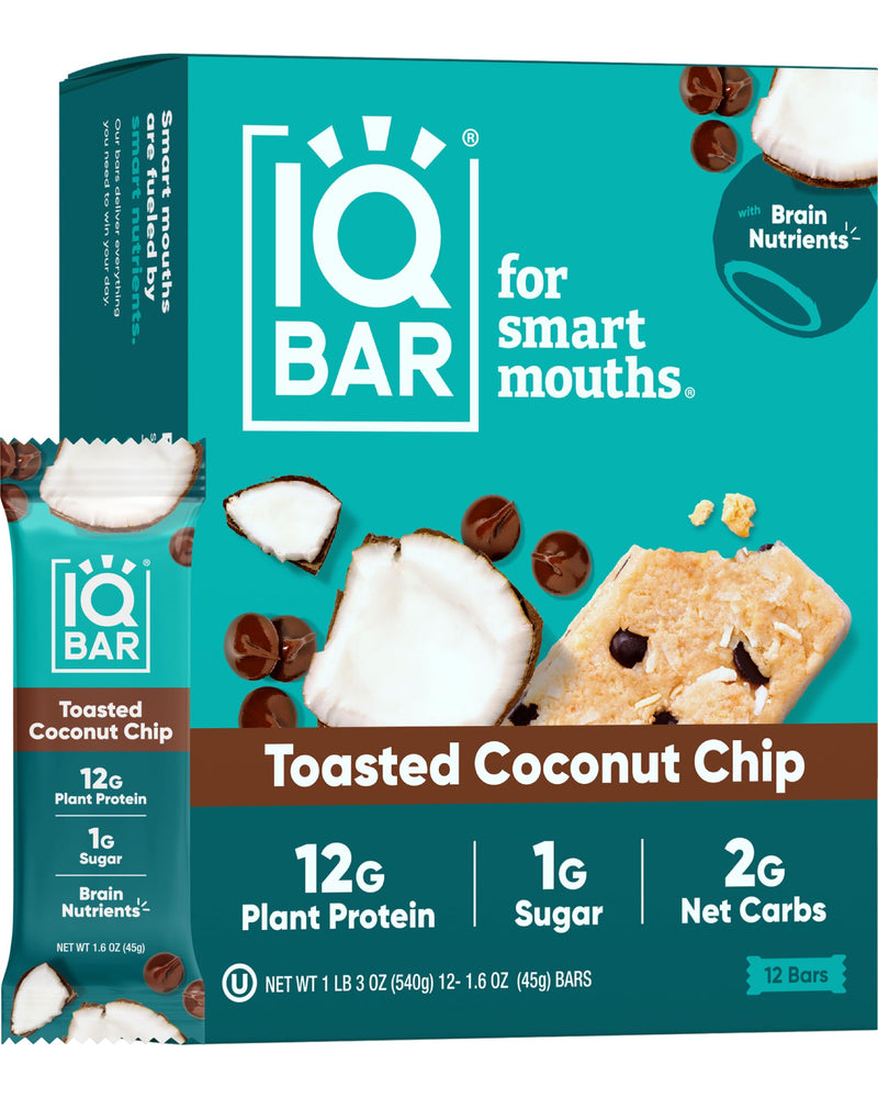 IQBAR Brain and Body Plant Protein Bars - Peanut Butter Chip - 12 Count, Low Carb, High Fiber, Gluten Free, Vegan Snacks - Low Sugar Keto Energy Bars