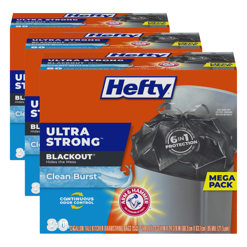 Hefty Ultra Strong 13 Gallon Trash Bags, Tall Kitchen Trash Bags 13 Gallon Size, Drawstring Closure, Continuous Odor Control, White, Clean Burst Scent, 110 Bags