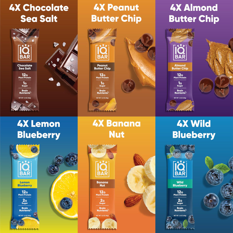 IQBAR Brain and Body Plant Protein Bars - Chocolate Lovers Variety - 12-Count Low Carb - Gluten Free, High Fiber, Vegan Snacks - Low Sugar Meal Replacement