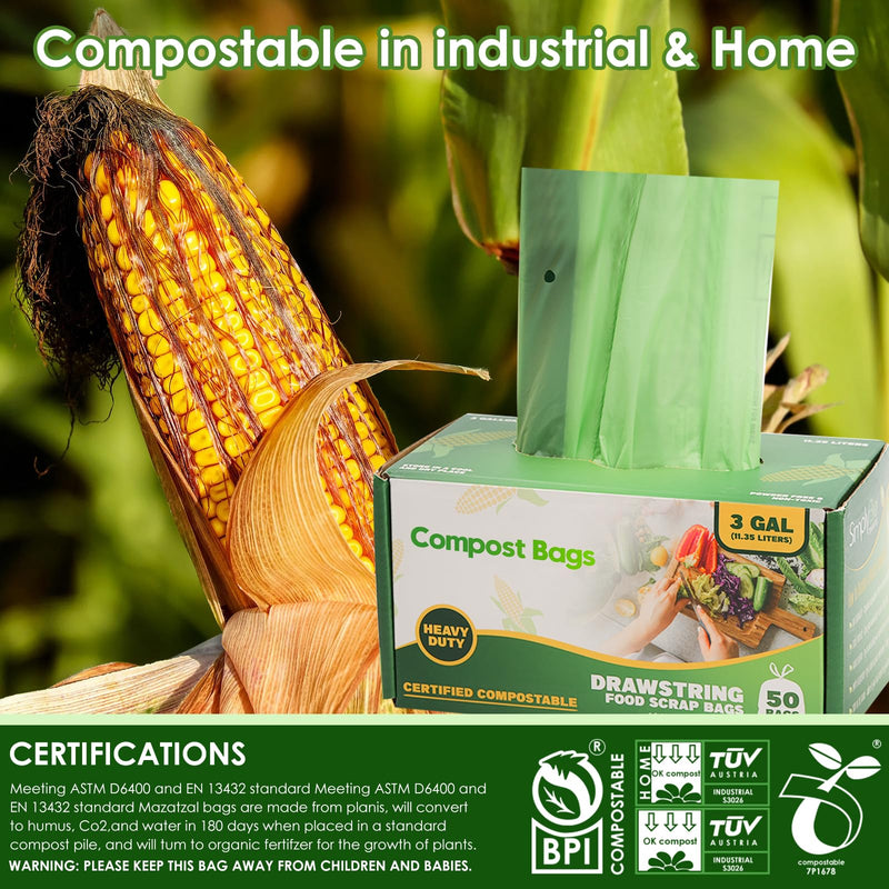 13 Gallon Compostable Trash Bags with Drawstring, Heavy Duty Extra Thick 1 Mil, 49.21 Liter, Tear Resistant and Odorless Kitchen Food Scrap Waste Bag, US BPI and OK Compost Home Certified (30 Count)