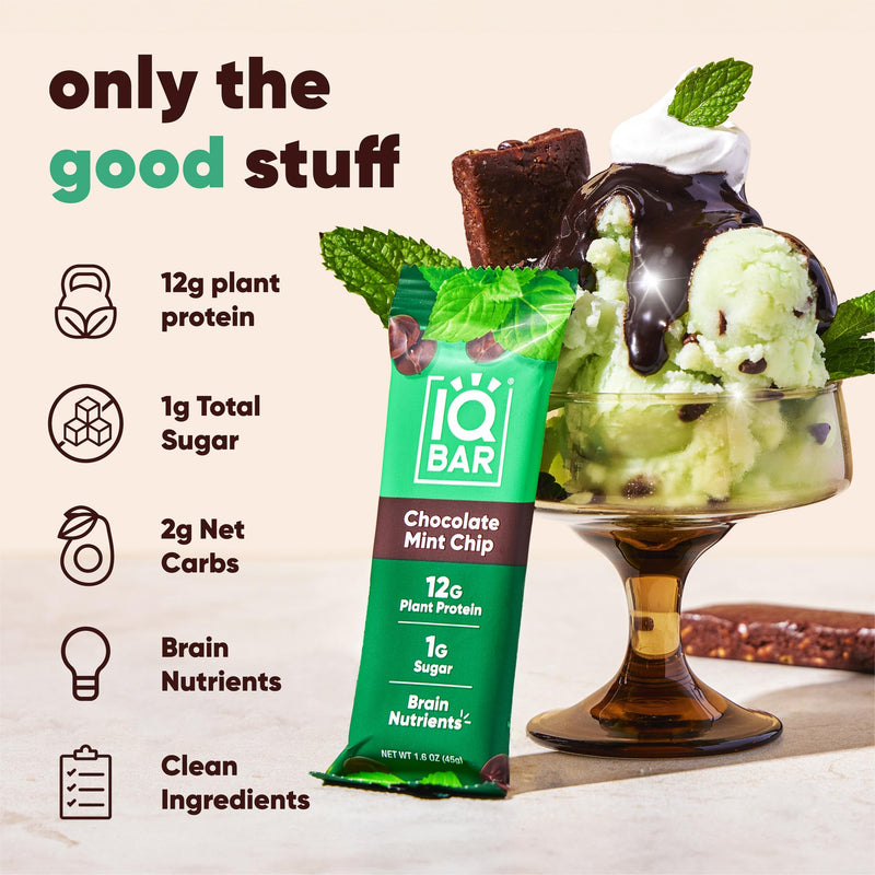 IQBAR Brain and Body Plant Protein Bars - Peanut Butter Chip - 12 Count, Low Carb, High Fiber, Gluten Free, Vegan Snacks - Low Sugar Keto Energy Bars