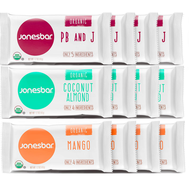 JONESBAR (Variety Pack, 12 Count (Pack of 1)), USDA Organic Fruit & Nut Bar, Non-GMO, Kosher, Vegan, Gluten Free, Simple Snack Bar