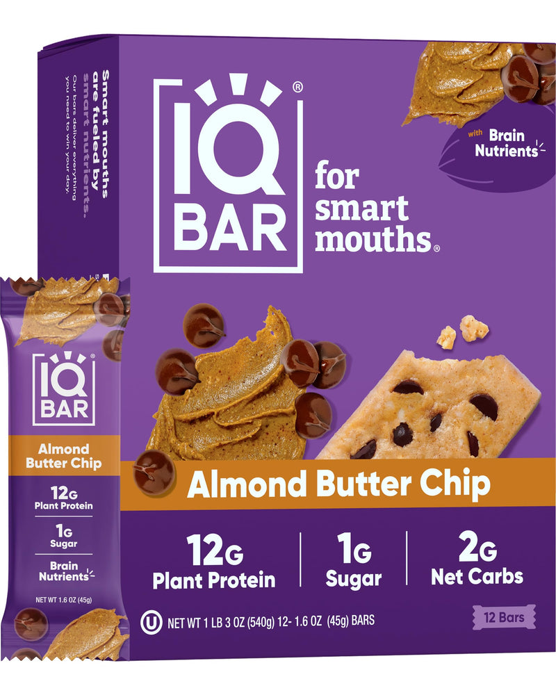 IQBAR Brain and Body Plant Protein Bars - Peanut Butter Chip - 12 Count, Low Carb, High Fiber, Gluten Free, Vegan Snacks - Low Sugar Keto Energy Bars