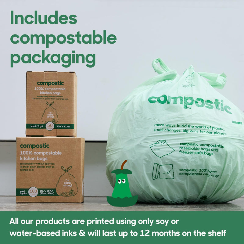 Compostic Home Compostable Trash Bags, 13 Gallon Tall Kitchen Rubbish Bags (23” x 29”), Extra Strong & Quickly Breaks Down, 100 Count