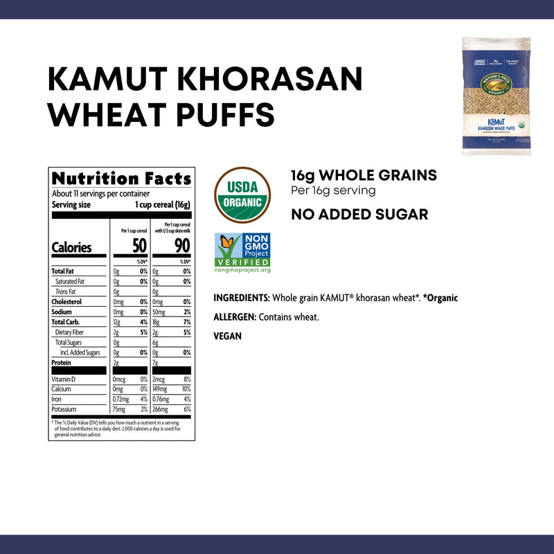 Nature's Path Organic Kamut Puffs Cereal,Earth Friendly Package, Khorasan Wheat Puffs, Non-GMO, 16g Whole Grains, No Added Sugar,6 Ounce (Pack of 12)