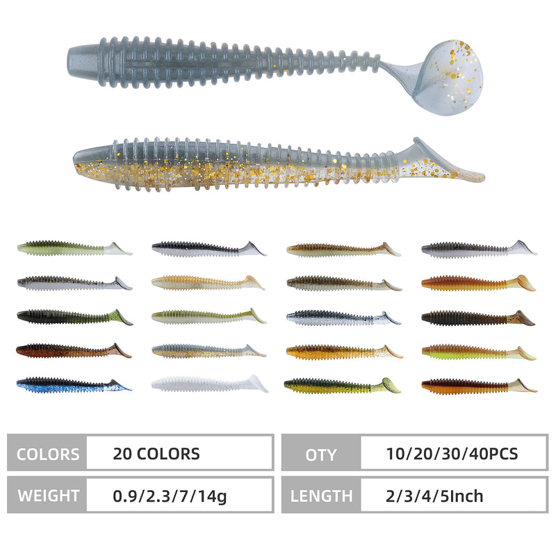 RUNCL Swimbaits Paddle 10/20/30/40PCS, 5/4/3/2 Inchs Paddle Tail, Soft Lure for Trout Crappie Bass, Durable Plastic Bait Swimmer for Saltwater/Freshwater, Fishing Lover's Gift