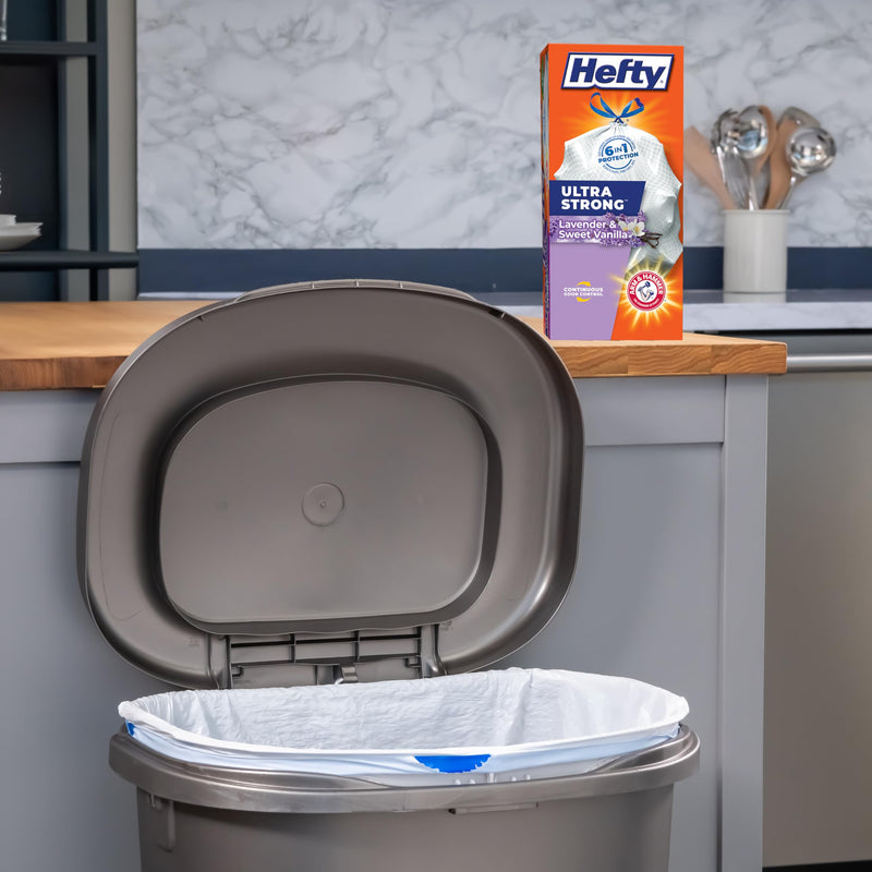 Hefty Ultra Strong 13 Gallon Trash Bags, Tall Kitchen Trash Bags 13 Gallon Size, Drawstring Closure, Continuous Odor Control, White, Clean Burst Scent, 110 Bags