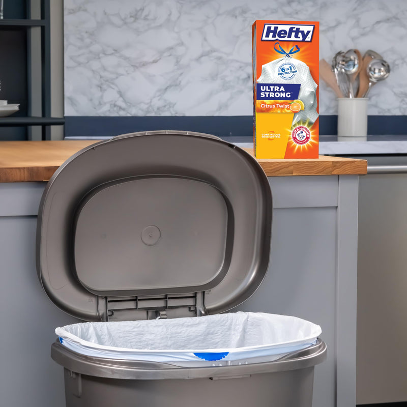 Hefty Ultra Strong 13 Gallon Trash Bags, Tall Kitchen Trash Bags 13 Gallon Size, Drawstring Closure, Continuous Odor Control, White, Clean Burst Scent, 110 Bags