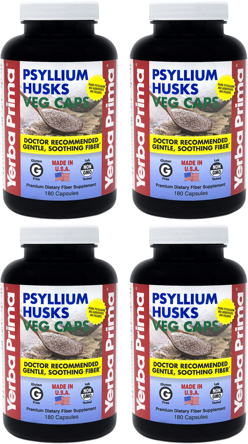 Yerba Prima Psyllium Husks, 180 Veg Capsules (625mg) - Vegan, Non-GMO, Gluten Free, Colon Cleanser, Daily Fiber Supplement for Gut Health & Regularity