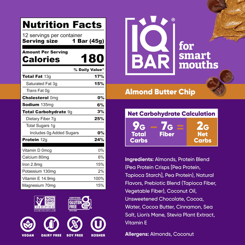 IQBAR Brain and Body Plant Protein Bars - Peanut Butter Chip - 12 Count, Low Carb, High Fiber, Gluten Free, Vegan Snacks - Low Sugar Keto Energy Bars