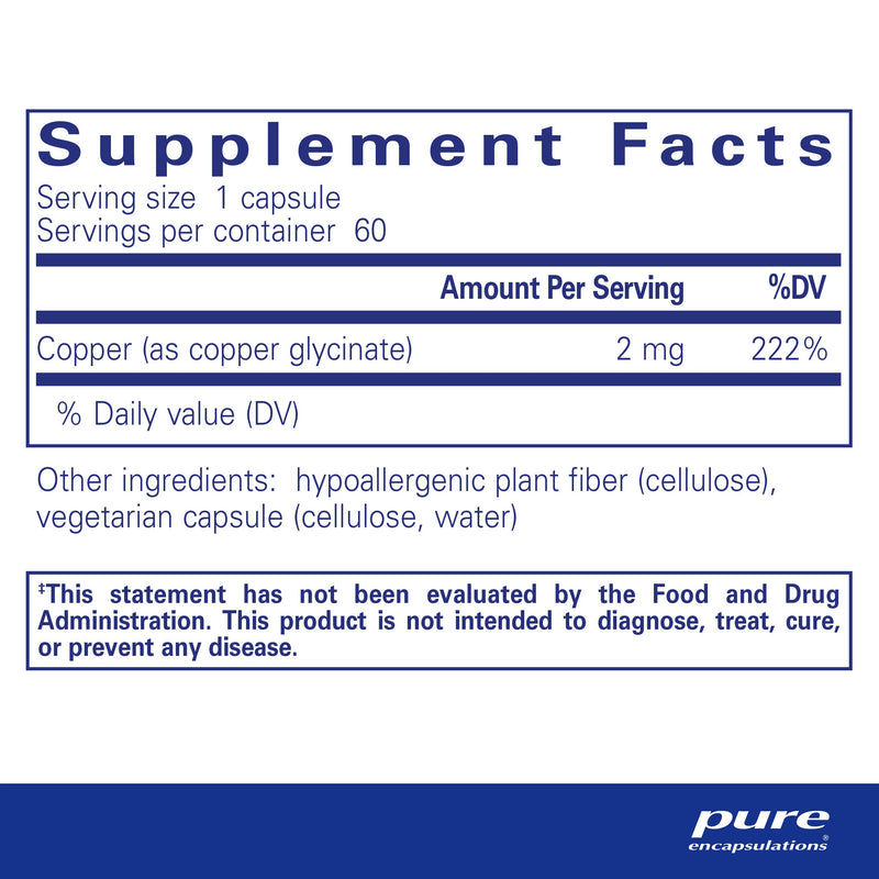 Pure Encapsulations Copper Glycinate 60's - 2 mg Copper Supplement, Supports Red Blood Cell Formation* - Aids Energy Metabolism - Non-GMO & Vegan - 60 Capsules