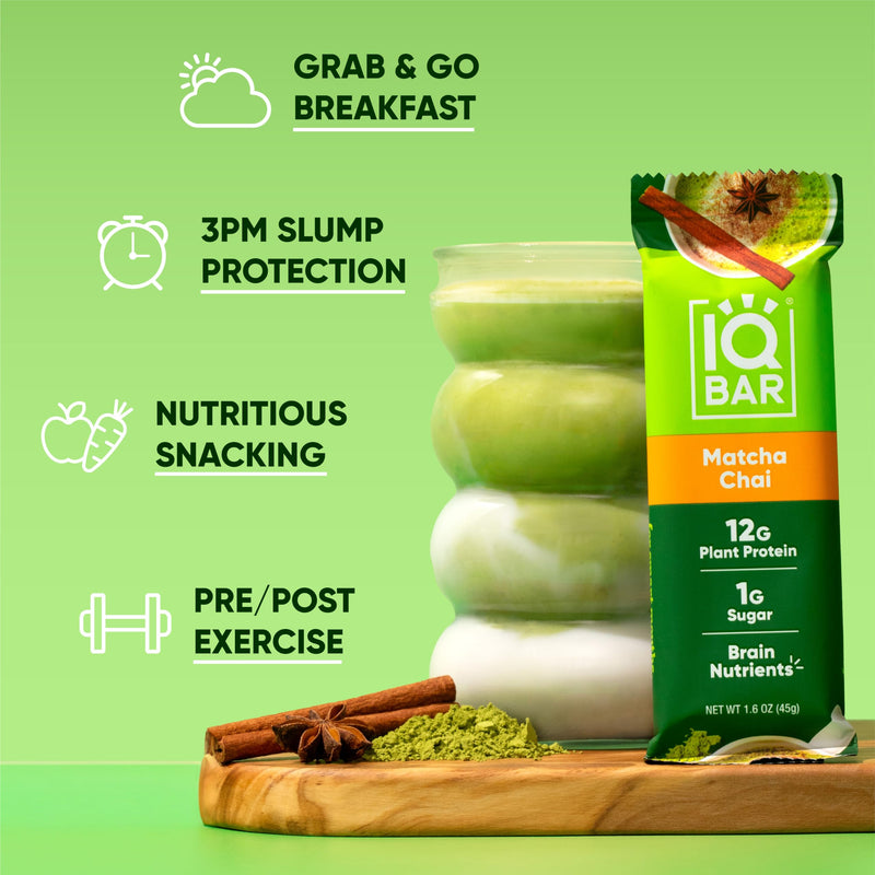 IQBAR Brain and Body Plant Protein Bars - Peanut Butter Chip - 12 Count, Low Carb, High Fiber, Gluten Free, Vegan Snacks - Low Sugar Keto Energy Bars