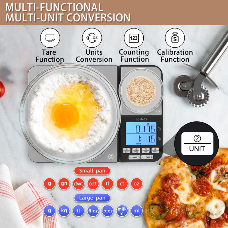 BOMATA Dual Platform Digital Kitchen Scale with Two Precision 0.1g & 0.01g/0.001oz, Max Capacity 11lb/5kg,Tare Function, Units Conversions, Stainless Steel, LCD with Backlit