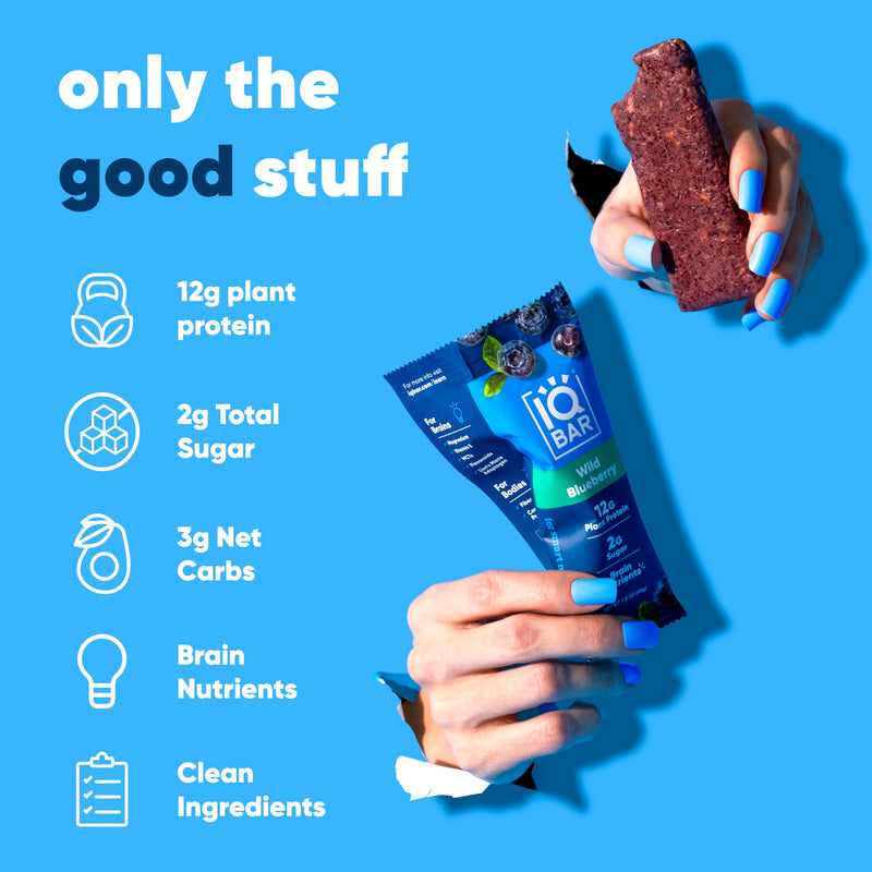 IQBAR Brain and Body Plant Protein Bars - Peanut Butter Chip - 12 Count, Low Carb, High Fiber, Gluten Free, Vegan Snacks - Low Sugar Keto Energy Bars