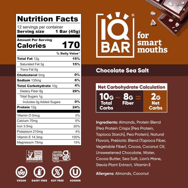 IQBAR Brain and Body Plant Protein Bars - Peanut Butter Chip - 12 Count, Low Carb, High Fiber, Gluten Free, Vegan Snacks - Low Sugar Keto Energy Bars