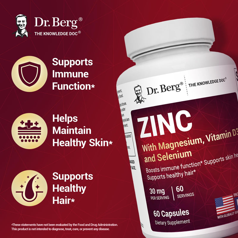 Dr. Berg Zinc 30mg Enhanced with Magnesium, Vitamin D3, Selenium, & Copper - Zinc Supplements for Men & Women - Chelated Zinc for Immune, Skin, Hair, & Nails Support* - 60 Capsules