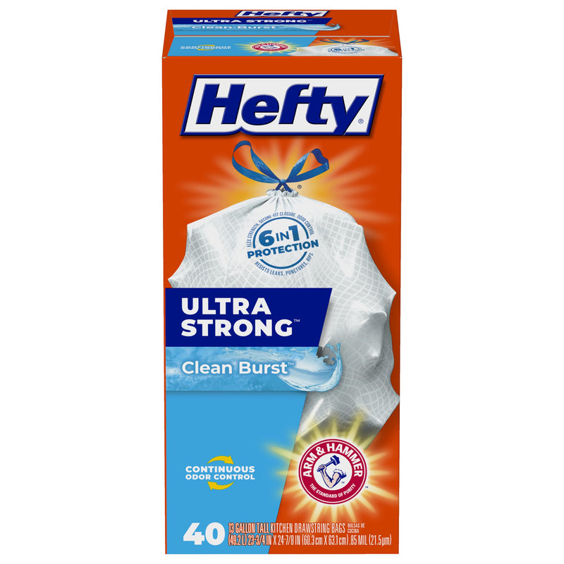 Hefty Ultra Strong 13 Gallon Trash Bags, Tall Kitchen Trash Bags 13 Gallon Size, Drawstring Closure, Continuous Odor Control, White, Clean Burst Scent, 110 Bags
