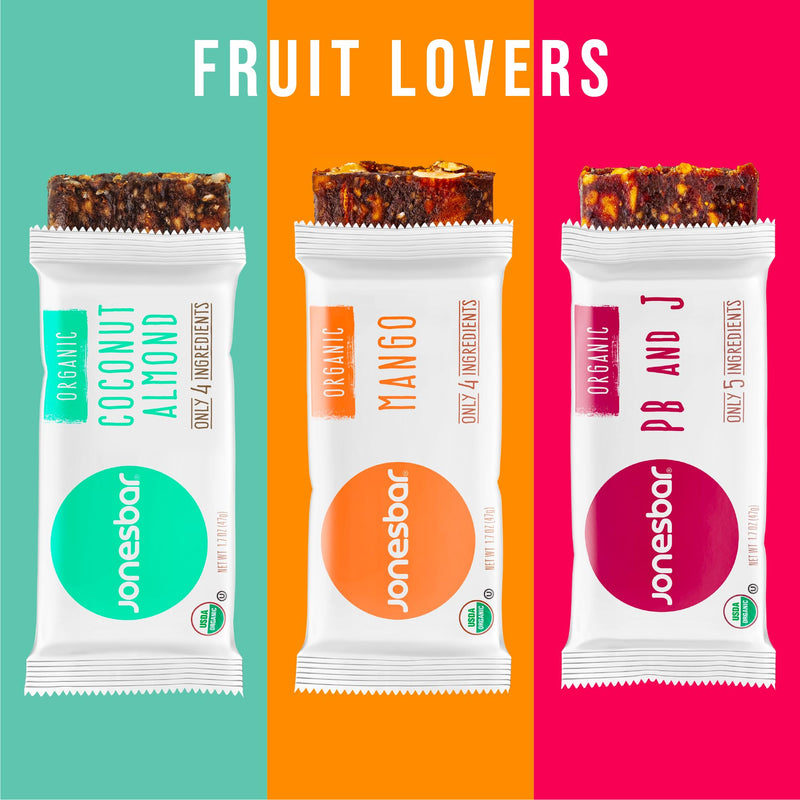 JONESBAR (Variety Pack, 12 Count (Pack of 1)), USDA Organic Fruit & Nut Bar, Non-GMO, Kosher, Vegan, Gluten Free, Simple Snack Bar