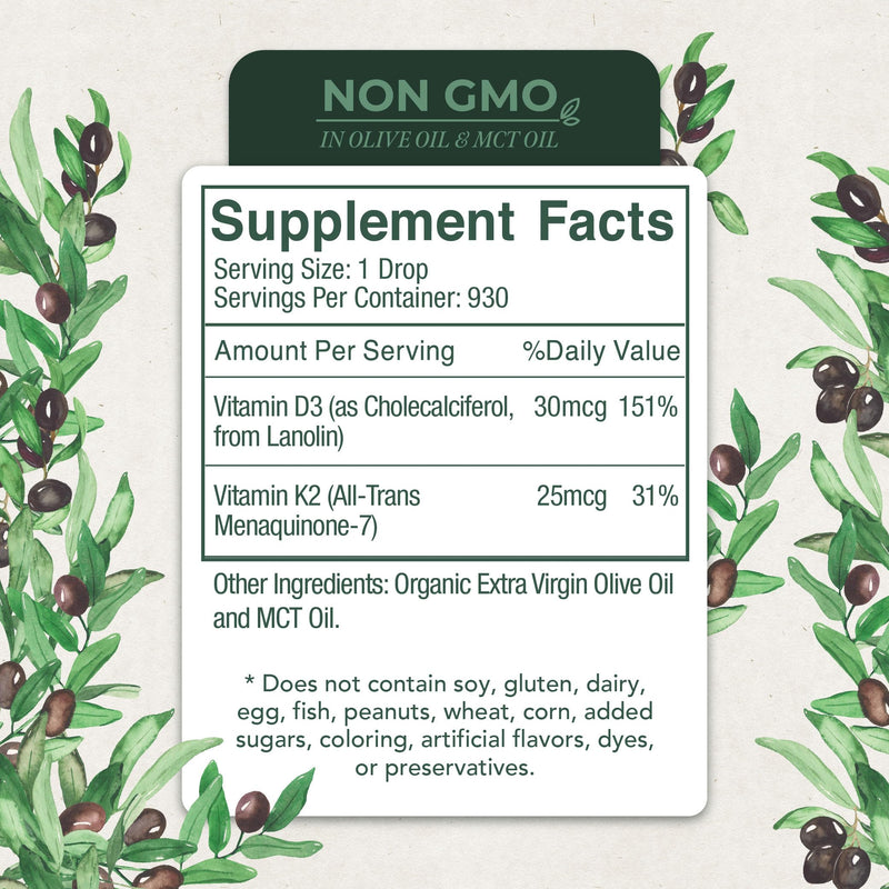 Vitamin D3 with K2 Liquid Drops, All Natural, Non-GMO, 1208iu D3 and 25mcg K2 (mk7) per Serving, Support Your Bones, Immune System and Energy Levels, with or Without Peppermint Oil