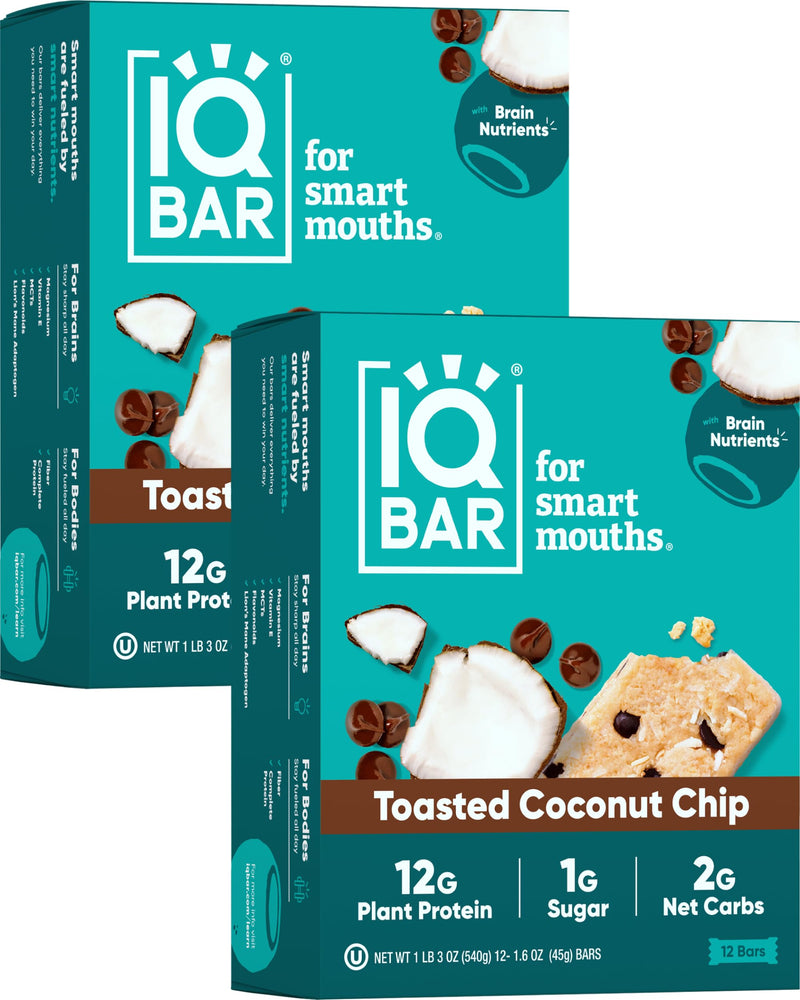 IQBAR Brain and Body Plant Protein Bars - Peanut Butter Chip - 12 Count, Low Carb, High Fiber, Gluten Free, Vegan Snacks - Low Sugar Keto Energy Bars
