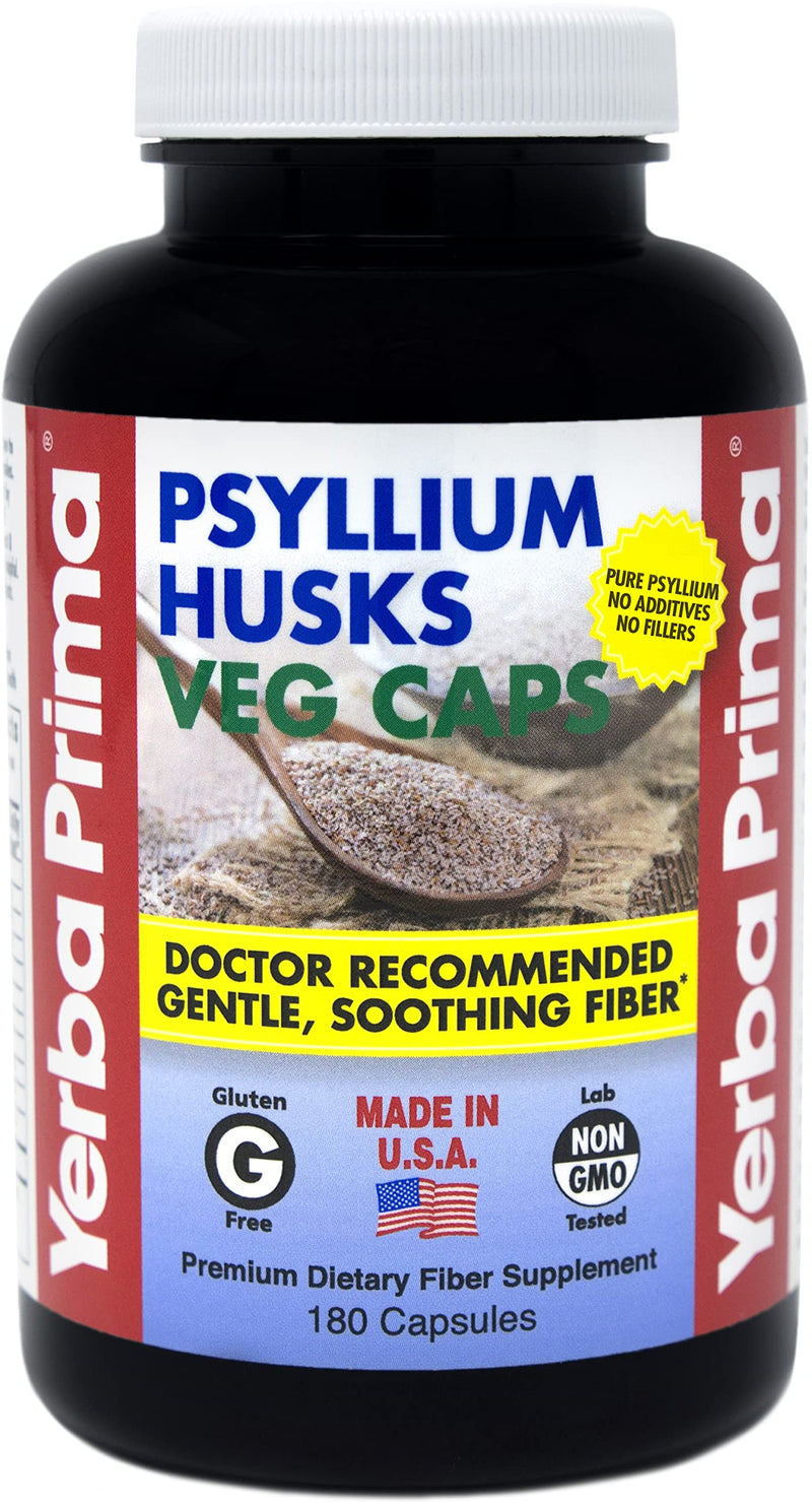 Yerba Prima Psyllium Husks, 180 Veg Capsules (625mg) - Vegan, Non-GMO, Gluten Free, Colon Cleanser, Daily Fiber Supplement for Gut Health & Regularity
