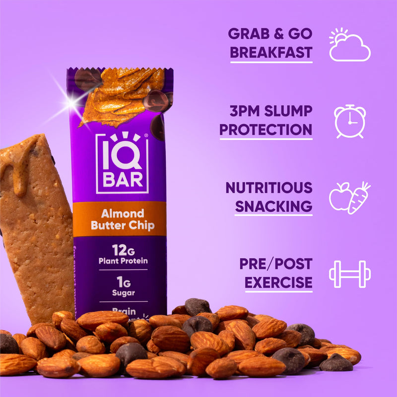 IQBAR Brain and Body Plant Protein Bars - Peanut Butter Chip - 12 Count, Low Carb, High Fiber, Gluten Free, Vegan Snacks - Low Sugar Keto Energy Bars