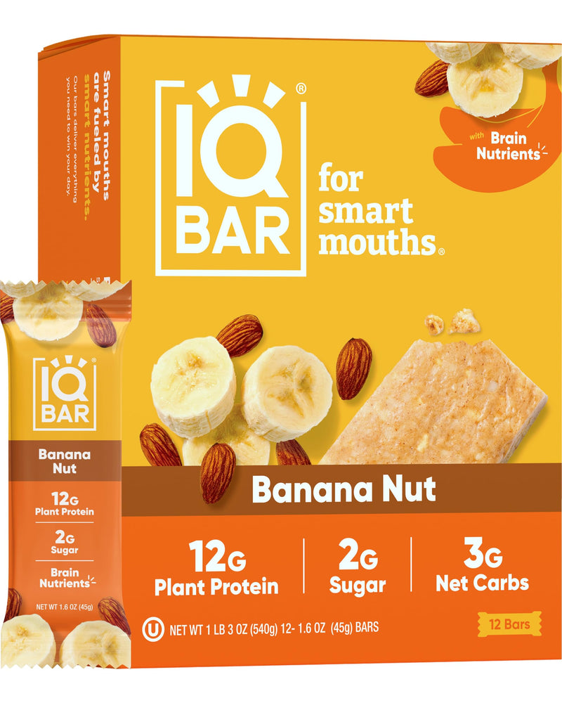 IQBAR Brain and Body Plant Protein Bars - Peanut Butter Chip - 12 Count, Low Carb, High Fiber, Gluten Free, Vegan Snacks - Low Sugar Keto Energy Bars