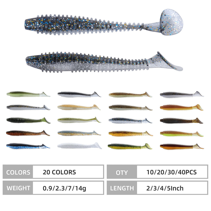 RUNCL Swimbaits Paddle 10/20/30/40PCS, 5/4/3/2 Inchs Paddle Tail, Soft Lure for Trout Crappie Bass, Durable Plastic Bait Swimmer for Saltwater/Freshwater, Fishing Lover's Gift