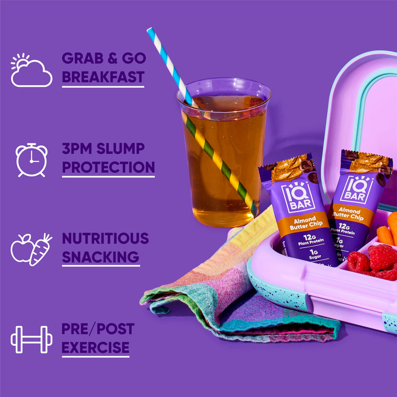 IQBAR Brain and Body Plant Protein Bars - Peanut Butter Chip - 12 Count, Low Carb, High Fiber, Gluten Free, Vegan Snacks - Low Sugar Keto Energy Bars