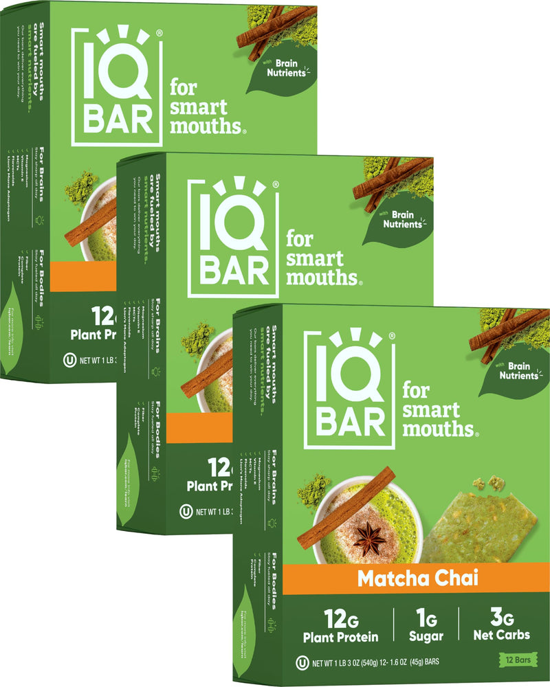 IQBAR Brain and Body Plant Protein Bars - Peanut Butter Chip - 12 Count, Low Carb, High Fiber, Gluten Free, Vegan Snacks - Low Sugar Keto Energy Bars