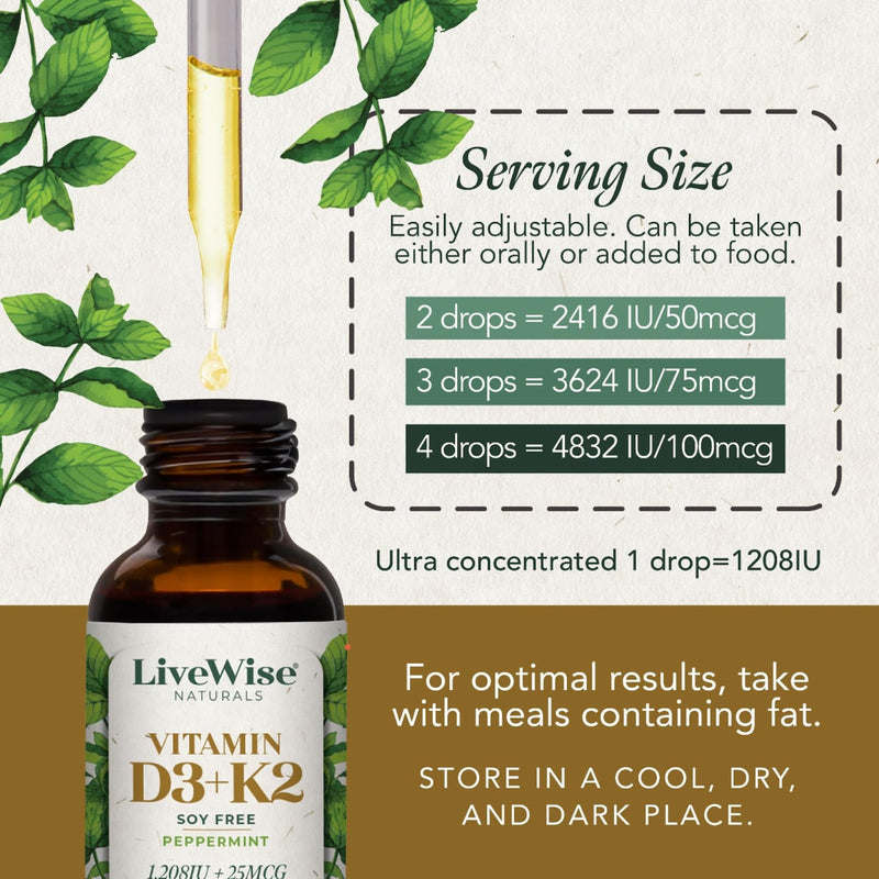 Vitamin D3 with K2 Liquid Drops, All Natural, Non-GMO, 1208iu D3 and 25mcg K2 (mk7) per Serving, Support Your Bones, Immune System and Energy Levels, with or Without Peppermint Oil