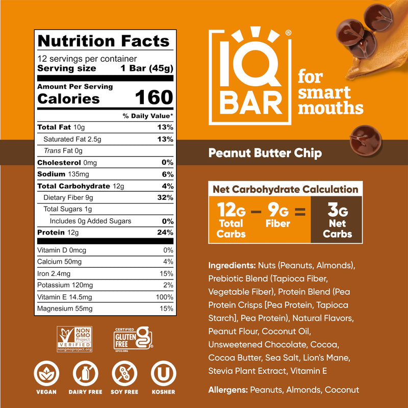 IQBAR Brain and Body Plant Protein Bars - Chocolate Lovers Variety - 12-Count Low Carb - Gluten Free, High Fiber, Vegan Snacks - Low Sugar Meal Replacement