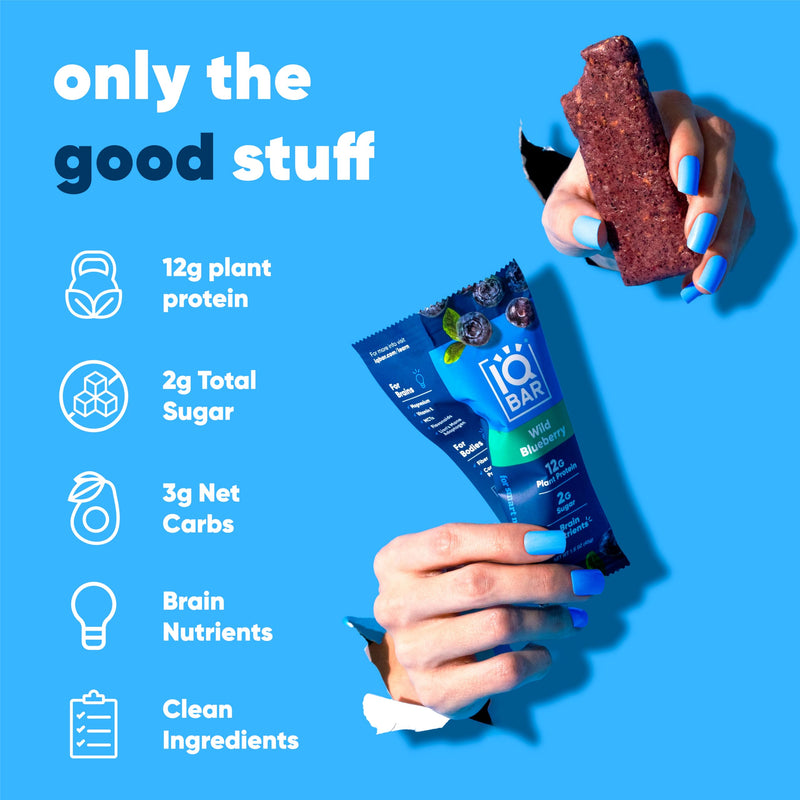 IQBAR Brain and Body Plant Protein Bars - Peanut Butter Chip - 12 Count, Low Carb, High Fiber, Gluten Free, Vegan Snacks - Low Sugar Keto Energy Bars