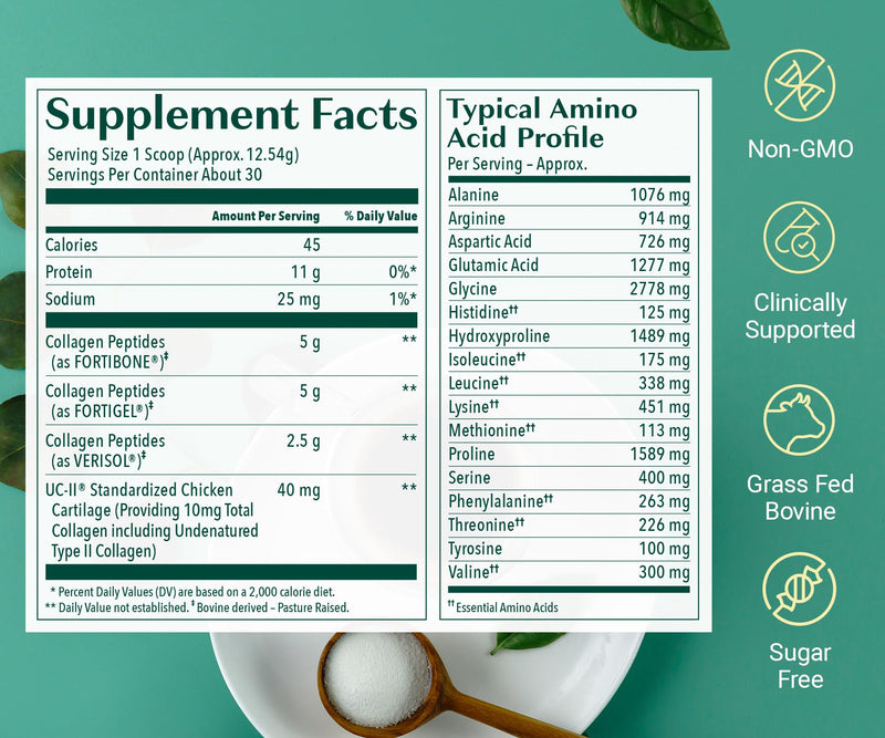 ALGAECAL Collagen: 4 Clinically-Supported Peptides VERISOL®, FORTIGEL®, UC-II®, FORTIBONE®, Anti-Aging Hydrolyzed Collagen Powder, 30 Servings, Made in USA