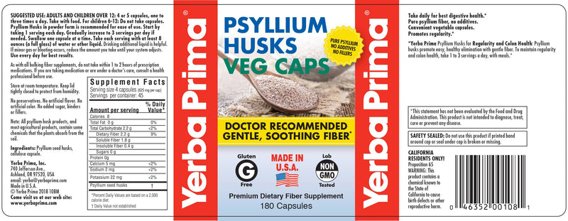 Yerba Prima Psyllium Husks, 180 Veg Capsules (625mg) - Vegan, Non-GMO, Gluten Free, Colon Cleanser, Daily Fiber Supplement for Gut Health & Regularity