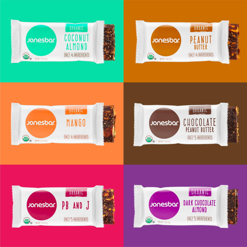 JONESBAR (Variety Pack, 12 Count (Pack of 1)), USDA Organic Fruit & Nut Bar, Non-GMO, Kosher, Vegan, Gluten Free, Simple Snack Bar
