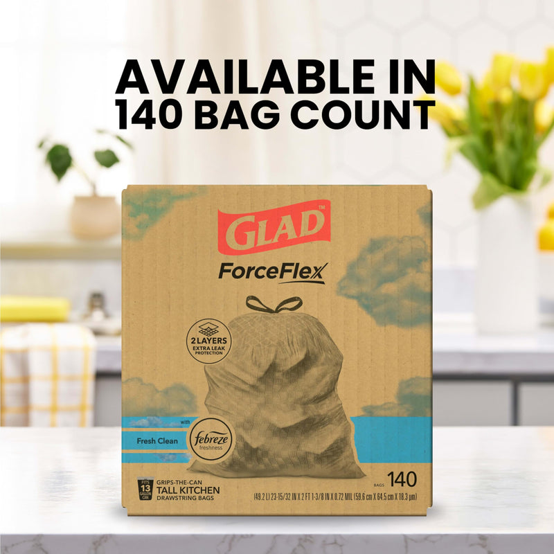 Glad Tall Kitchen Drawstring Trash Bags - Odorshield 13 Gallon White Trash Bag, Febreze Fresh Clean, 110 Count