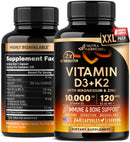 Vitamin D3 K2 - Vitamin D3 10000 iu & K2 as MK-7 120 mcg - Immune & Mood Support, for Bone & Teeth Health - with Magnesium, Zinc & Vitamin C & B12 - Highly Bioavailable - Made in USA, 120 Capsules