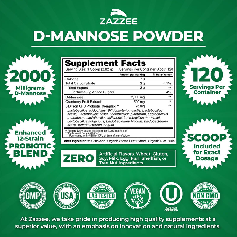 Zazzee D-Mannose Powder Plus, 2000 mg, 30 Servings, Potent & Fast-Acting, Plus 5 Billion CFU Probiotics and Pure Cranberry Juice Extract, Kosher, Free Scoop, 2.98 Oz, Gluten-Free, Non-GMO, All-Natural