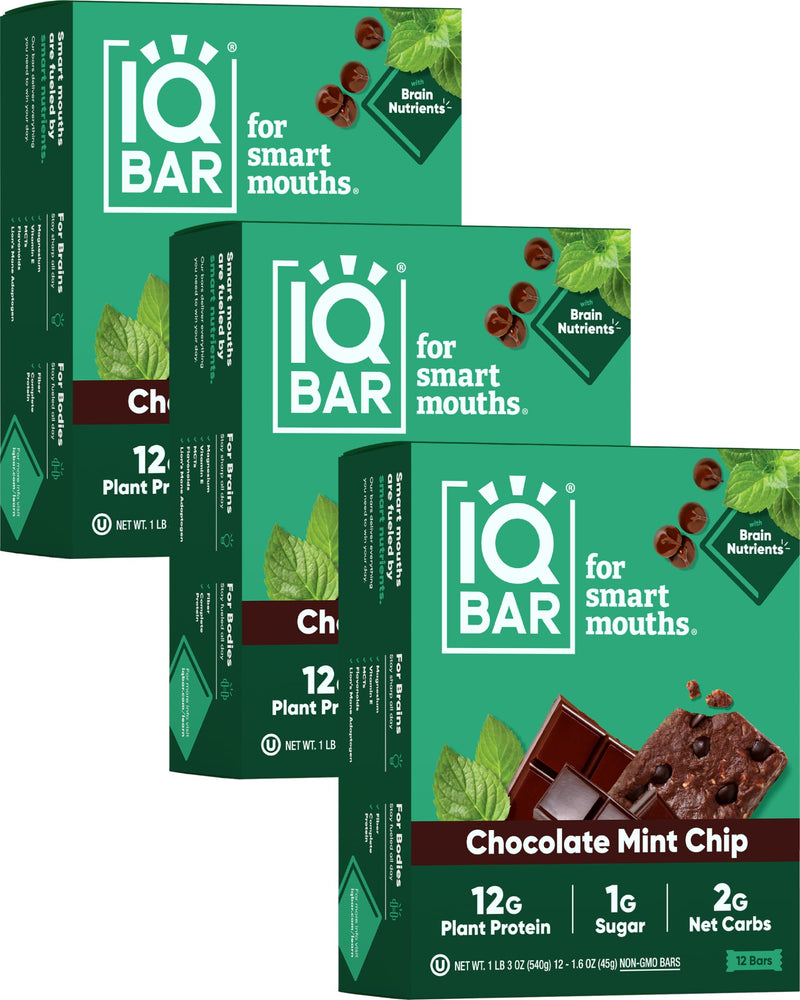 IQBAR Brain and Body Plant Protein Bars - Peanut Butter Chip - 12 Count, Low Carb, High Fiber, Gluten Free, Vegan Snacks - Low Sugar Keto Energy Bars