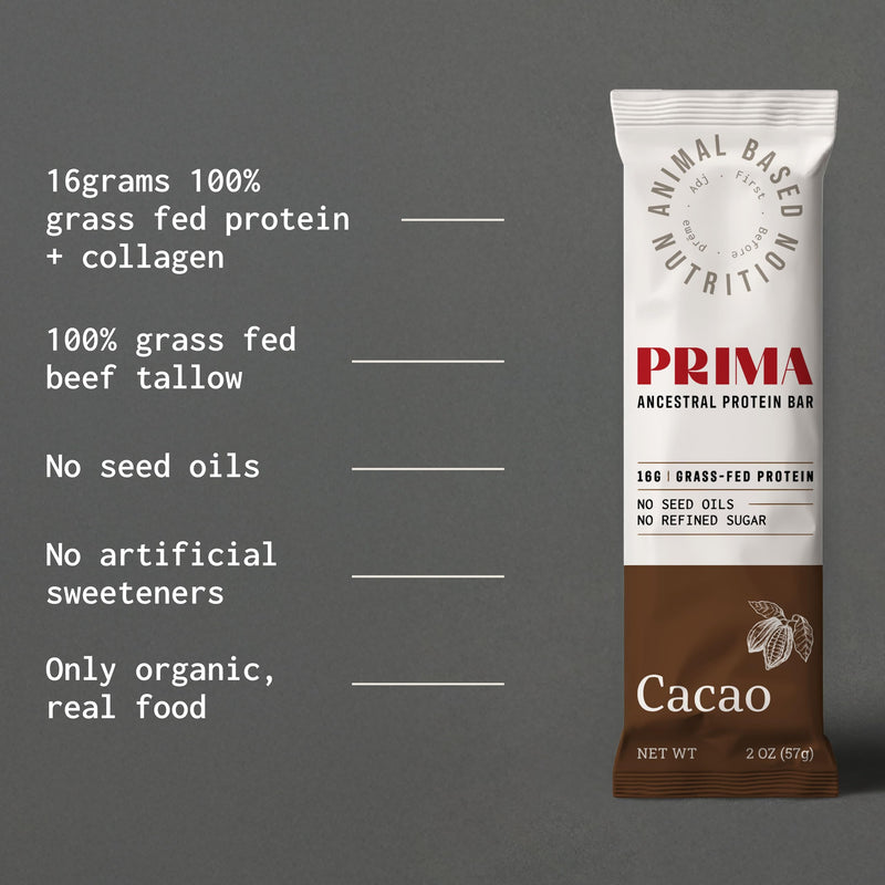 PRIMA ANCESTRAL PROTEIN BAR Grass Fed Protein Bars, 7 Pack – Animal-Based Protein Bar with Beef Tallow, Raw Honey, Seed Oil Free, Low Carb, Gluten-Free – Healthy, Energy Snacks for Clean Lifestyle (7 Pack, Cacao)