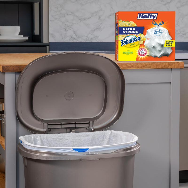 Hefty Ultra Strong 13 Gallon Trash Bags, Tall Kitchen Trash Bags 13 Gallon Size, Drawstring Closure, Continuous Odor Control, White, Clean Burst Scent, 110 Bags